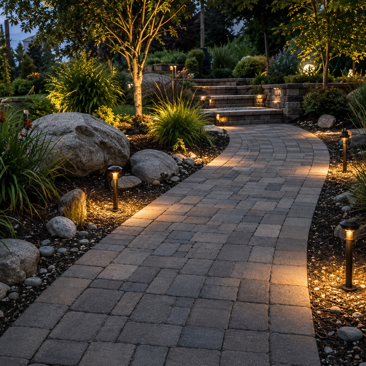 Paver walkway with landscape lighting